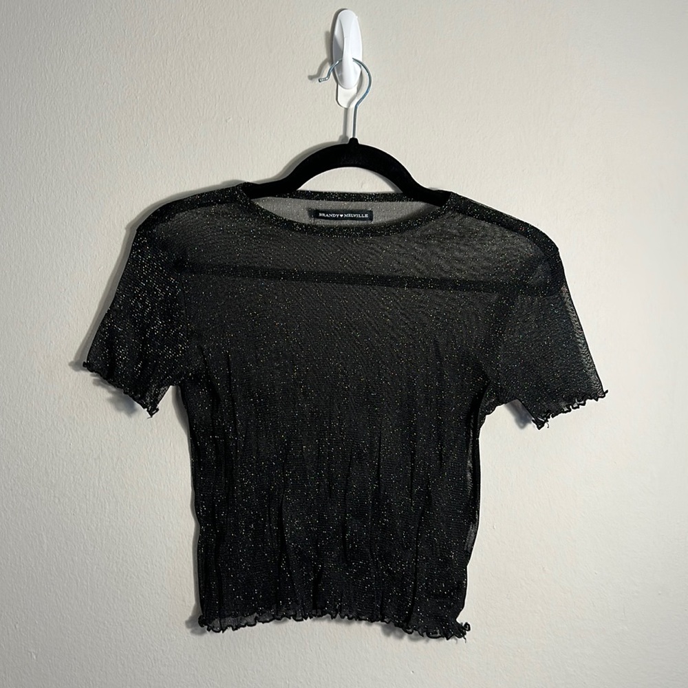 Brandy Melville Black Sparkly Sheer Short Sleeve Shirt